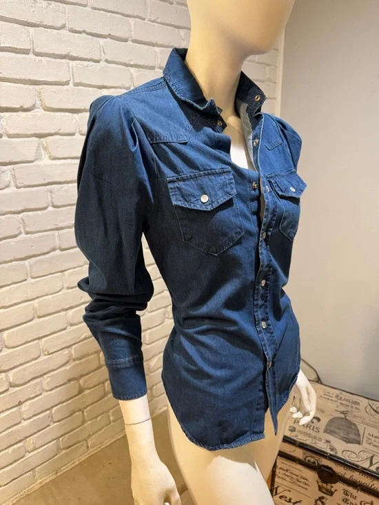 Torn by Ronny Kobo Chambray Denim Blouse S NWT Structured Chic Mutton Sleeve - Picture 10 of 16